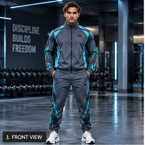 Survêtement coupe-vent gris bleu pour homme, à blocs de couleur, fermeture éclair intégrale, sportif, athlétique, séchage rapide, respirant, OEM, vente chaude - Product Image 1