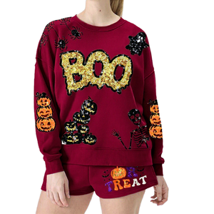Ensemble 2 pièces décontracté ample au-dessus du genou, pull personnalisé à col rond avec sequins Boo et citrouille pour Halloween, vente en gros - Product Image 3
