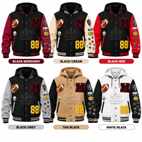 Veste universitaire à capuche personnalisée en gros, avec patchs en chenille, style Letterman, noir et bordeaux, style baseball bomber streetwear