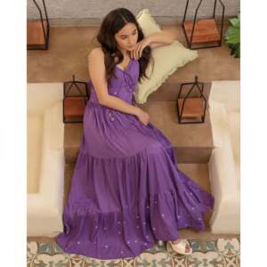 ชุดเดรสไลฟีนทรงเอไลน์สีม่วง คอวีทรงเอ็มไพร์ สายเดี่ยวผ้าฝ้าย - Product Image 3