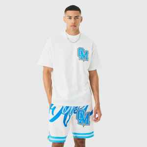 Ensemble T-shirt et short en coton blanc pour homme avec logo OM bleu – Tenue décontractée d'été respirante en maille à col ras du cou - Product Image 1