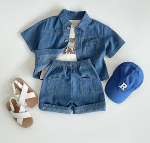 Denim Short Sleeve Shirt With Shorts Set For Kids Casual Wear Solid Color Turn-down Collar Pockets Regular - Product Image 6