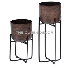 Ensemble de 2 pots de fleurs de qualité standard, pour balcon, jardin, maison, design martelé, en fer, métal, noir, avec support - Product Image 5