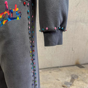 Conjunto de Sudadera con Capucha y Pantalones Deportivos de Felpa Francesa con Estampado de Diamantes de Imitación, Lavado Ácido y Efecto Desgastado, Estilo Urbano Personalizado - Product Image 4