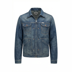Veste en jean délavé pour homme, coupe classique, fermeture éclair sur le devant, style décontracté automne, en coton tissé bleu - Product Image 1