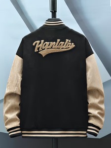 Chaqueta Varsity Negra Personalizada de Alta Calidad para Hombre con Letras Bordadas en Dorado y Mangas Beige, Chaqueta de Béisbol Estilo Varsity - Product Image 6