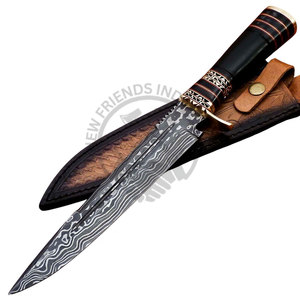 Couteau de chasse en acier Damas personnalisable, neuf, avec manche en corne de buffle et laiton, lame fixe, couteau tactique de camping, couteau de survie - Product Image 1