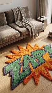 ZAP! de Estilo Cómico Único y Moderno Alfombra Antideslizante de Lana Hecha a Mano, Diseño Pop Art Colorido para Decoración de Dormitorio y Sala de Estar - Product Image 4