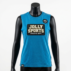 Camiseta sin mangas para mujer, 190, algodón jersey premium, azul, tela suave al tacto, logotipo con parche de goma, camisetas de algodón sin mangas para mujer - Product Image 1