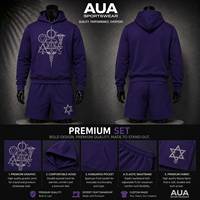 Ensemble sweat à capuche zippé et short assorti brodé géométrique violet unisexe – Tenue décontractée pour l'automne