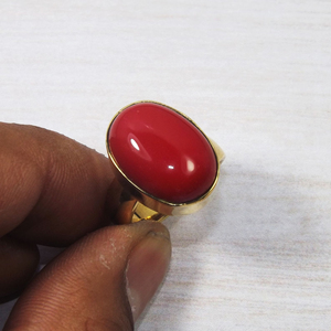 Gold Plated Red Coral <b>Ring</b> Natural Moonga Stone <b>Ring</b> <b>Statement</b> jewelry - Product Image 1
