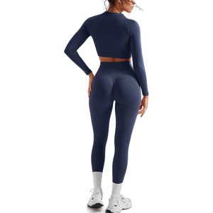 Conjunto de Yoga de 2 Piezas con Cintura Alta y Costuras Acanaladas en Color Naranja, Leggings Largos, Top Corto de Manga Larga con Cuello Redondo, Sin Costuras, de Spandex y Poliéster - Product Image 2
