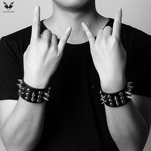 Adjustable Black PU Leather Bracelet Set with Spikes, Studs, Chains, Beaded Wrap, Rivet Design Fashion Wrist <b>Accessories</b> - Product Image 3