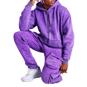 Men's Purple Acid Wash Tracksuit Full <b>Zip</b> <b>Hooded</b> Sweatshirt With Cargo Pants Solid Color 100% Cotton Casual Wear - Product Image 5