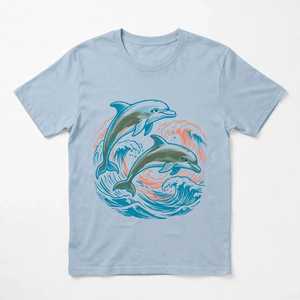 Camiseta informal de verano con estampado de delfines retro, cómoda, de manga corta y cuello redondo, color azul claro, para mujer - Product Image 3
