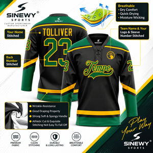 Camiseta de Hockey sobre Hielo Personalizada SINEWY para Hombre, Sublimada en Negro, Verde y Amarillo, Manga Larga, Absorbente de Humedad, Poliéster/Algodón, Sinewy Sports - Product Image 2