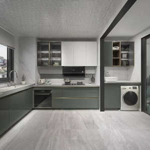 Mobile da <span class=keywords><strong>Cucina</strong></span> Moderno Bianco Stile Shaker con Ante in Vetro Scanalato, Piano in Legno e Forno Integrato - Product Image 5