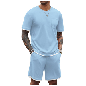 Conjunto de Camiseta y Pantalones Cortos de Punto Waffle de Color Sólido para Hombre, Cuello Redondo, Ropa Casual de Verano, Algodón Transpirable 2026 - Product Image 4