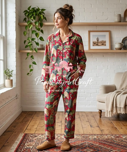 Premium Women's Red Cotton Summer Pajama Set Two-Piece Nightwear Full-Sleeve Button Shirt Comfortable Matching <b>Trousers</b> - Product Image 5