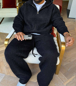 เสื้อฮู้ดผสมขนแพะโมแฮร์หนานุ่มแบบซิปเต็มตัว เสื้อฮู้ดสตรีทแวร์ผู้ชาย ผ้าถักเนื้อนุ่มไล่เฉดสี เสื้อแจ็คเก็ตมีฮู้ดขนโมแฮร์แบบทำสีซีดจาง - Product Image 6