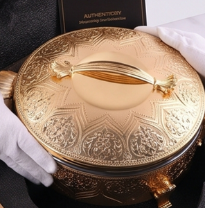Round Brass Dinner Table Serving <b>Pot</b> with Lid Glossy Gold Engraved Finished Ideal for Food Warmer and Hot <b>Pot</b> Serving Top Prices - Product Image 5