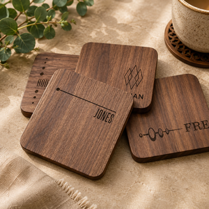 Sous-verre en bois minimaliste gravé au laser avec monogramme, en bois massif, personnalisé, pour boissons, décoration de table, cadeau - Product Image 1