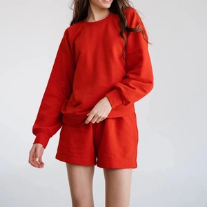 2026 Women's <b>Red</b> 2 Piece Sweatshirt Set O Neck Long Sleeve Loose Fit Casual Solid Color Knitted Shorts <b>Suit</b> Spring Summer Wear - Product Image 1