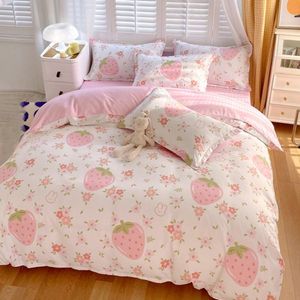 "3D Striped Pink & White Duvet <b>Cover</b> Set for Queen Size <b>Bed</b> with Zipper Closure & Strawberry Pattern" - Product Image 2