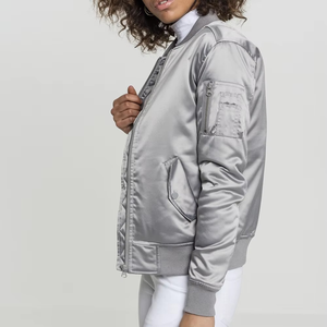 Women's Silver Bomber <b>Jacket</b> Satin Metallic Flight Coat Shiny Light Grey Windbreaker Zip Up Padded Outwear Casual <b>Pilot</b> <b>Jacket</b> - Product Image 6