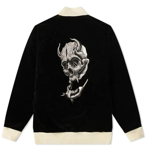 Chaqueta Varsity Azul Satinado para Hombre, con Diseño de Parche Bordado de Calavera, Estilo Preppy, Cierre de Cremallera Frontal, Chaqueta de Béisbol Elegante - Product Image 6