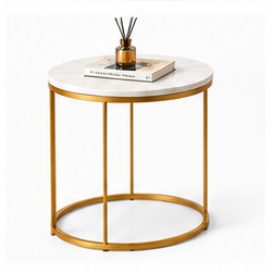 Table d'appoint ronde moderne avec plateau en bois aspect marbre et structure métallique, idéale pour le salon (installation facile) - Product Image 1