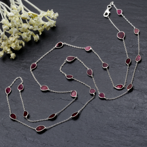 925 Sterling Silver Garnet <b>Necklace</b> Bezel Set Pear Cut Red Gemstone Station <b>Long</b> Layering Chain Jewelry Wholesale - Product Image 4