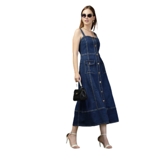 Robe en jean décontractée sans manches pour femme, boutonnée sur le devant, longueur midi, en coton, fournisseur en gros de mode - Product Image 2