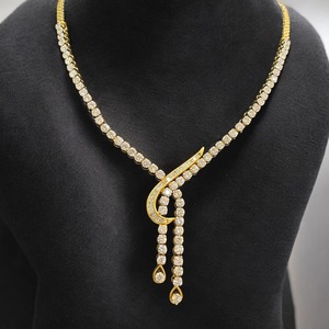 18K Yellow Gold Lab Grown Diamond Swirl Pendant <b>Necklace</b> | Luxury Wedding Crescent Moon Dangling Teardrop <b>Statement</b> <b>Necklace</b> - Product Image 2