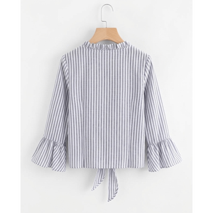 Chemisier peplum Aurelia à rayures verticales et à nouer sur le devant avec manches à volants cannelés - Product Image 2