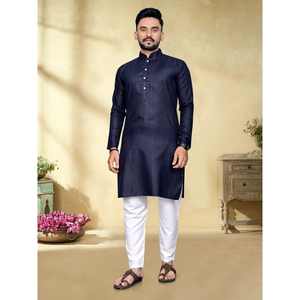 TENDENCIA TEJIDO TRABAJO HOMBRE KURTA CON PAYJAMA AZUL MARINO - Product Image 1
