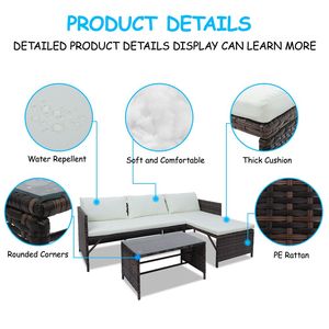 Juego de Sofás de Ratán para Exteriores XH, 3 Piezas: 1 Sofá Doble, 1 Chaise Longue, 1 Mesa de Centro, Cojines Impermeables Lavables para Patio o Apartamento - Product Image 3