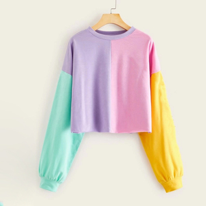 Custom Women Pastel Colorblock <b>Cropped</b> Sweatshirt Loose Long Sleeve Crewneck Pullover Jumper Casual Oversized Patchwork Crop Top - Product Image 1