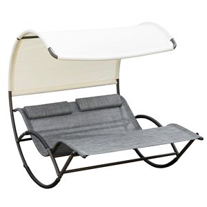 Chaise longue double à bascule gris clair au design moderne pour l'extérieur, avec structure en aluminium et matériau en teck, pour hôtels - Product Image 1