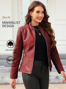 Veste de moto en similicuir pour femme, col montant, coupe ajustée, manteau bomber en PU, vente en gros OEM - Product Image 4