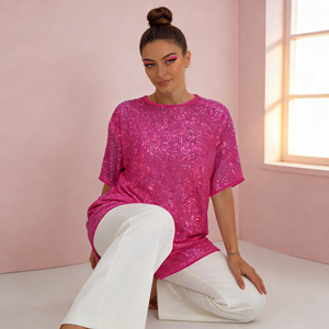 Nouvelle Collection 2026 : Robe Tunique Oversize à Manches Courtes Rose Vif à Paillettes, Tissu Scintillant Brillant, Coupe Ample Décontractée, Écologique, Coupe Trapèze - Product Image 6