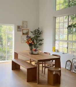 Minimalist Teak Dining <b>Table</b> <b>Set</b> with Wooden <b>Bench</b> Contemporary Dining Room Furniture - Product Image 1