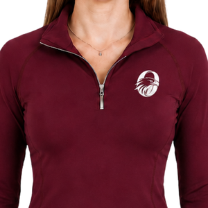 Chemise d'équitation pour femme, couleur bordeaux, à manches longues, avec fermeture éclair quart, extensible, respirante, haut de performance pour l'entraînement équestre - Product Image 3