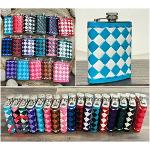 Gourde à liqueur de poche en cuir de vachette coloré à carreaux, gravée à la main, 7 oz, en acier inoxydable, pour whisky, vodka, camping, cadeau - Product Image 1