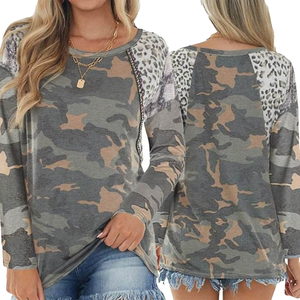 Women's Camouflage <b>Patchwork</b> V-Neck Long Sleeve T-Shirt Loose Fit Casual <b>Top</b> Spring Summer Wear - Product Image 3