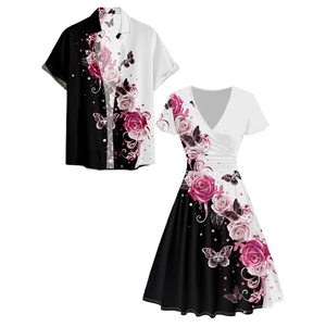 Tenues Assorties pour Couples en Gros - Chemise Homme à Boutons Imprimée Fleurs et Papillons Sur Mesure et Robe Femme Élégante Col V Coupe Trapèze - Product Image 2