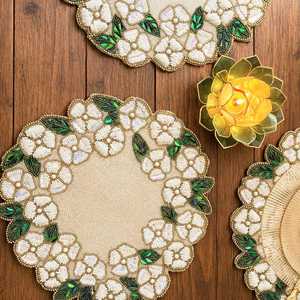 Pastel Floral Embroidered Knitted Round Polyester/Cotton Eco-Friendly Home & Hotel Use <b>Placemat</b> <b>Cream</b> Pink Gold Table Decor - Product Image 6