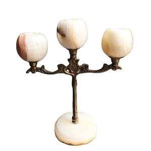 Vintage Onyx & laiton Triple bougeoir, Onyx et laiton bougeoir, sculpté à la main Onyx bougeoir - Product Image 1