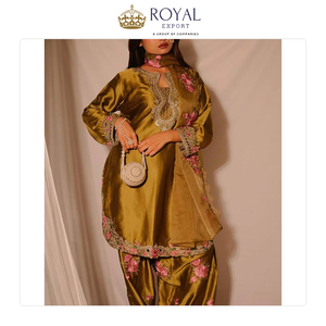 Wholesale Exporter Selling Standard Quality Indian Clothing Women Japan Satin <b>Material</b> with Embroidery Work Farshi Suit Set - Product Image 3