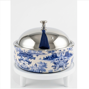 Casserole isotherme classique en acier inoxydable émaillé, motif toile bleue, plat de service pour fondue, pot thermique à double paroi - Product Image 1